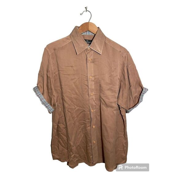 Bugatchi Woven Button Shirt Men’s Medium Short Sleeve Twill Tan Pocket Minimal - Picture 1 of 7
